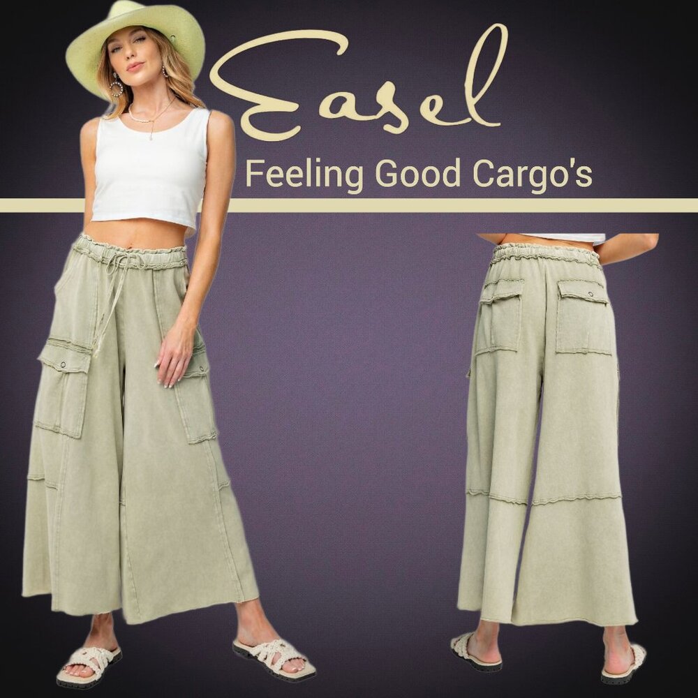 EASEL “Feeling Good Cargos” Mineral Washed Flared Leg, Raw Seams & Hems, Pockets